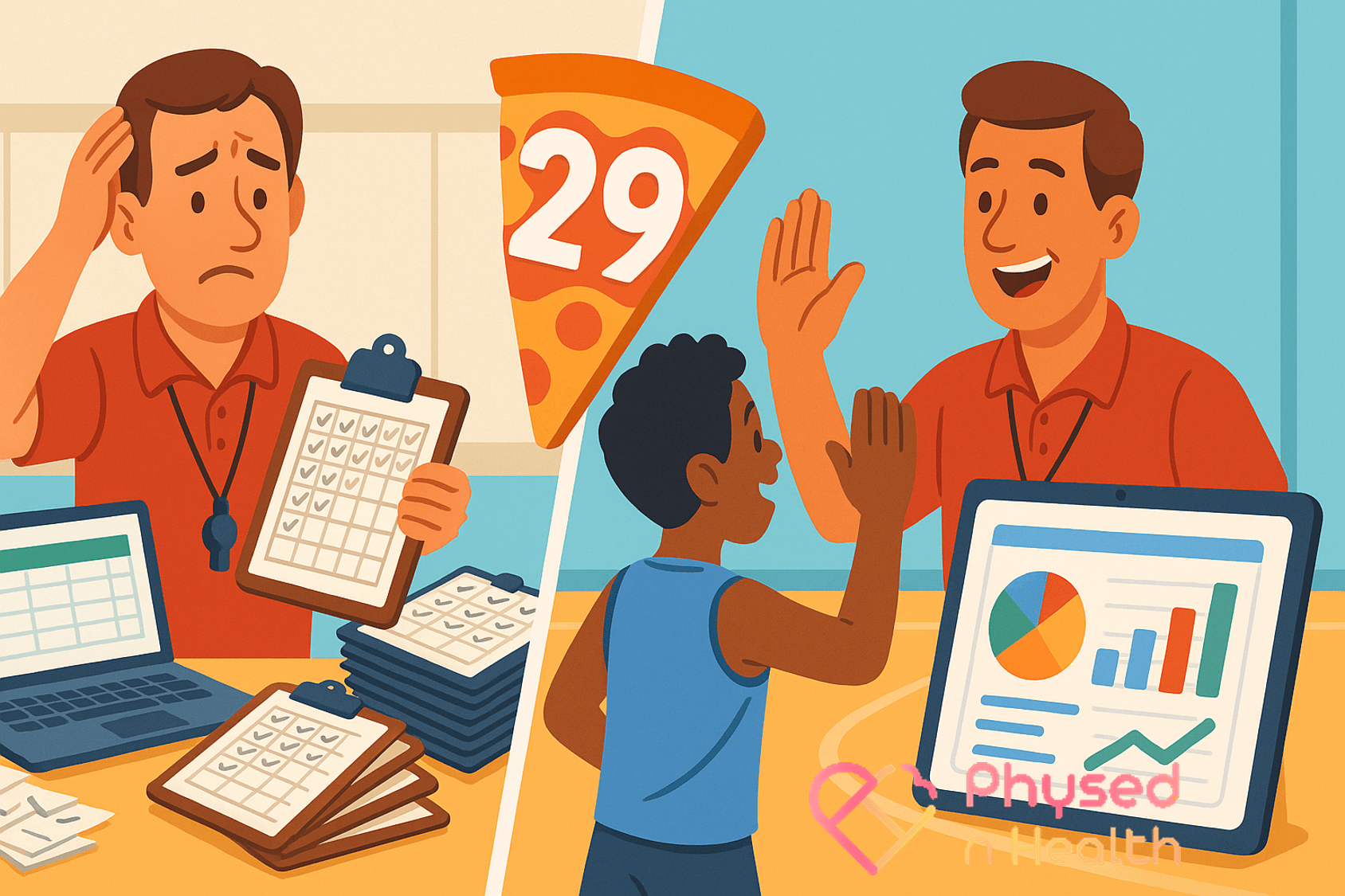 Split-screen illustration. Left side: a stressed PE teacher in a gym surrounded by paper checklists and a laptop open to a spreadsheet. Right side: the same teacher happily high-fiving a student while viewing colorful growth charts on a tablet. A pizza-slice price tag reading ‘29’ floats between the two scenes, symbolizing the affordable switch to digital tracking